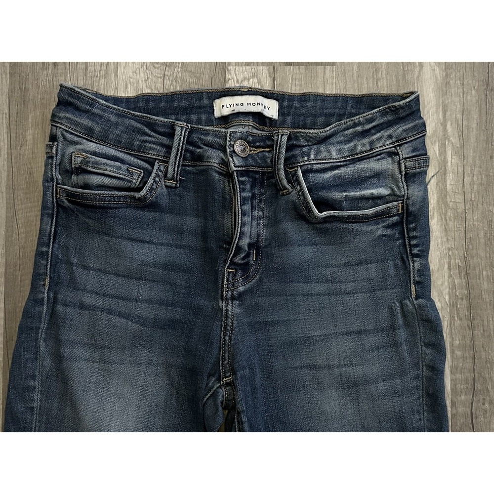 Flying Monkey Women's Jeans 26 Blue Distressed Stretch Mid Rise Fray Hem‎ Skinny - Picture 2 of 12